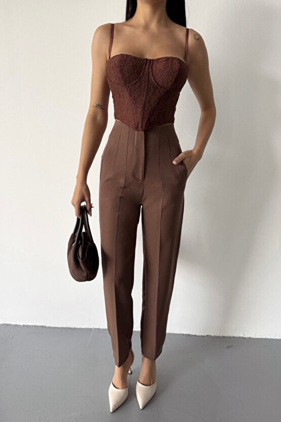 Gökyüzü Moda PANTOLON PENSLİ ATLAS KUMAŞ - Kahverengi