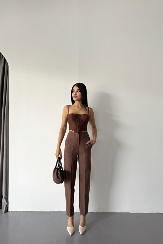 Gökyüzü Moda PANTOLON PENSLİ ATLAS KUMAŞ - Kahverengi