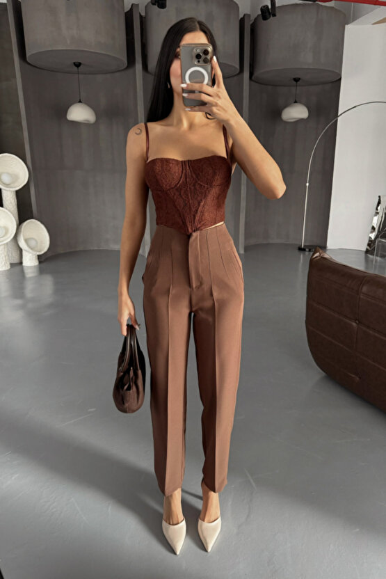 Gökyüzü Moda PANTOLON PENSLİ ATLAS KUMAŞ - Kahverengi