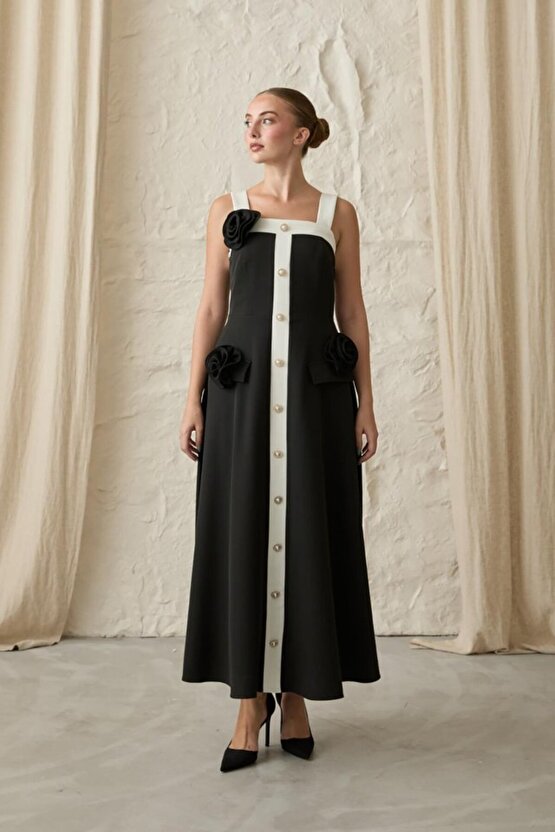 Gökyüzü Moda Siyah Güllü Askılı Elbise