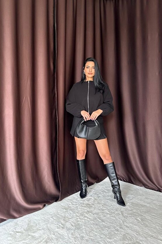 eyesof Siyah Kısa Önü Fermuarlı Bomber Ceket