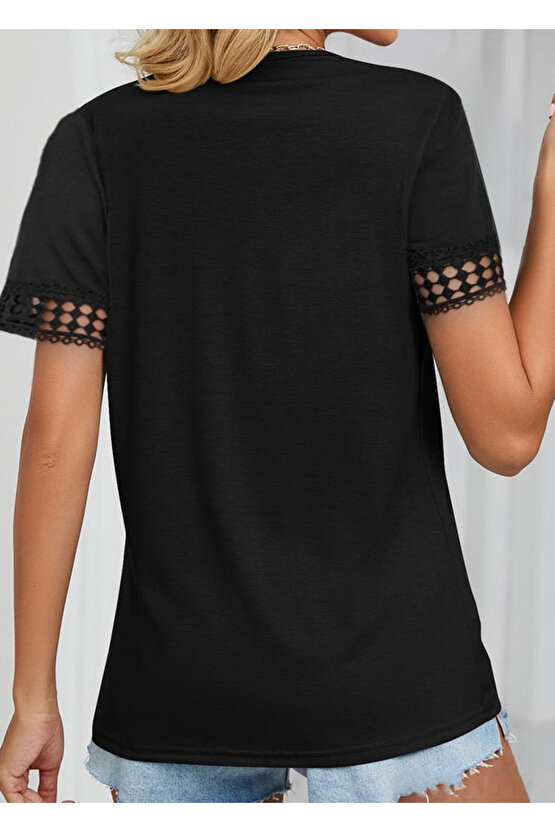 Gökyüzü Kadın Kısa Kollu V Yaka Dantel Yakalı Viskon Bluz