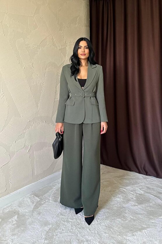 Gökyüzü Moda Haki Cep Kapaklı Ve Kemerli Ceket