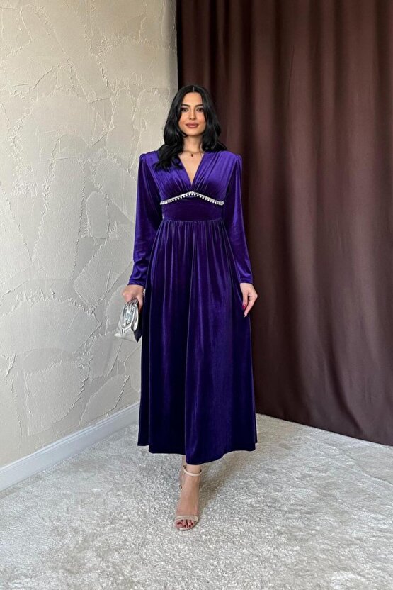 Gökyüzü Moda Mor Göğüs Altı Taşlı Elbise