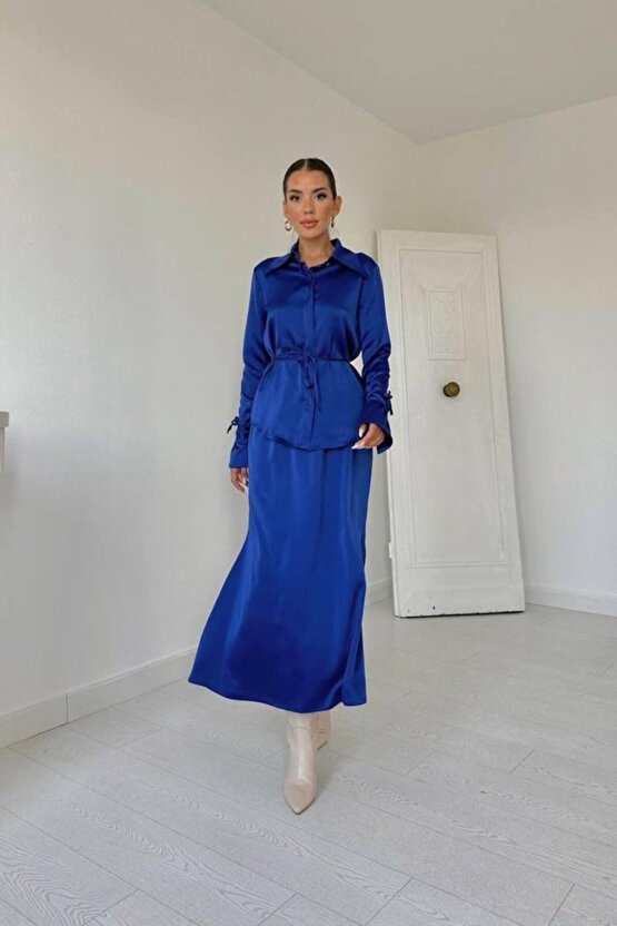 Gökyüzü Moda Saks Biyeli Gömlek Ve Etek Takım