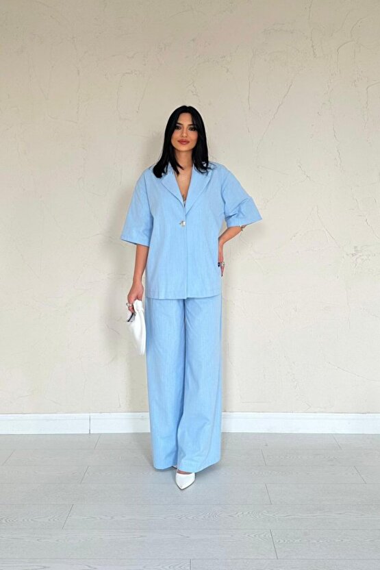 Gökyüzü Moda Mavi Önü Tek Düğmeli Ceket Pantolon Takım