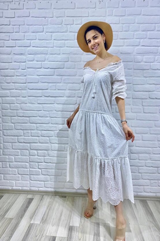Gökyüzü Moda Beyaz Dantelli New Elbise