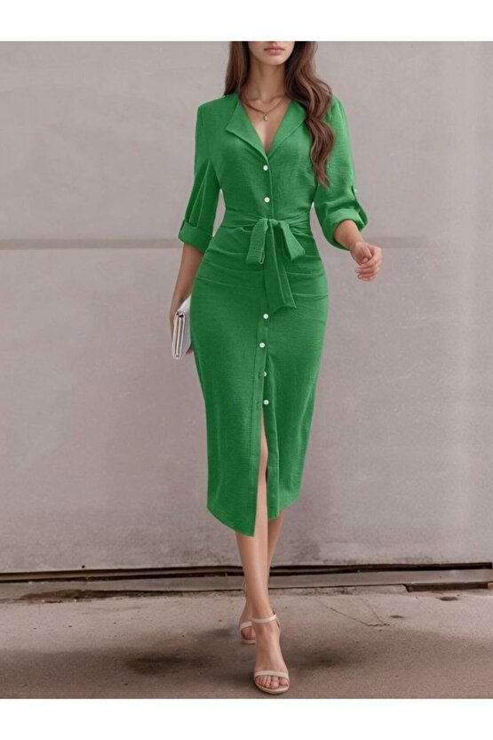 Gökyüzü Moda Kadın Uzun Kollu önden Düğmeli Beli Kuşaklı Aerobin Midi Elbise