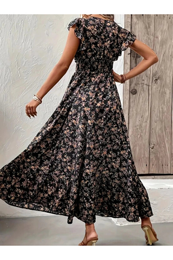 Kadın Kısa Kollu Kruvaze Yaka Beli Lastikli çiçek Desenli Elbise