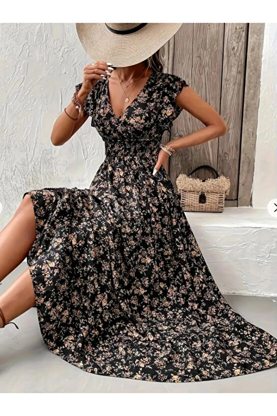 Kadın Kısa Kollu Kruvaze Yaka Beli Lastikli çiçek Desenli Elbise