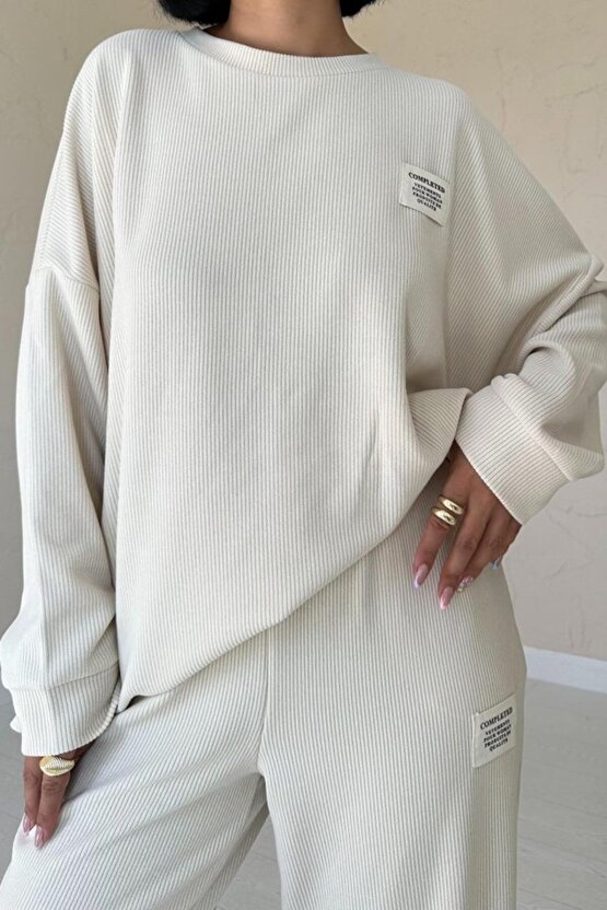 Gökyüzü Moda Bej Klasik Fitilli Kazak Ve Pantolon Takım