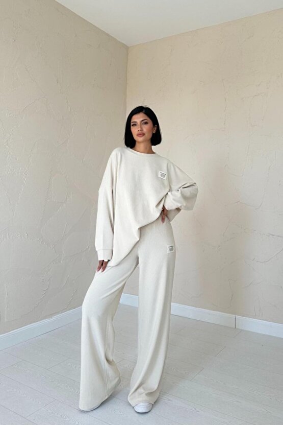 Gökyüzü Moda Bej Klasik Fitilli Kazak Ve Pantolon Takım