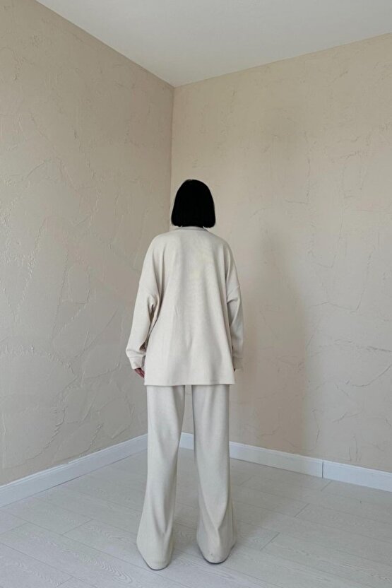 Gökyüzü Moda Bej Klasik Fitilli Kazak Ve Pantolon Takım