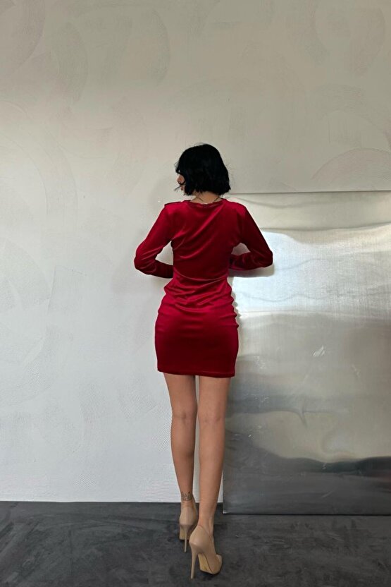 Gökyüzü Moda Kırmızı Yaka Ve Kol Dantelli Mini Elbise