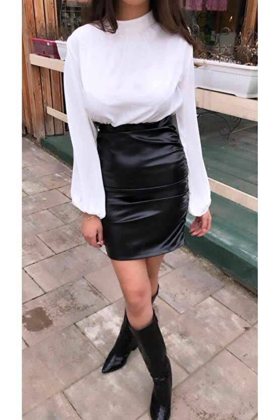 Gökyüzü Moda Beyaz Deri Elbise