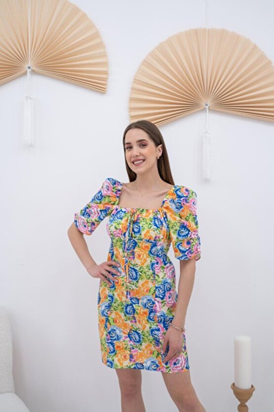 Gökyüzü Moda Desenli Boyundan Bağlamalı Desenli Elbise