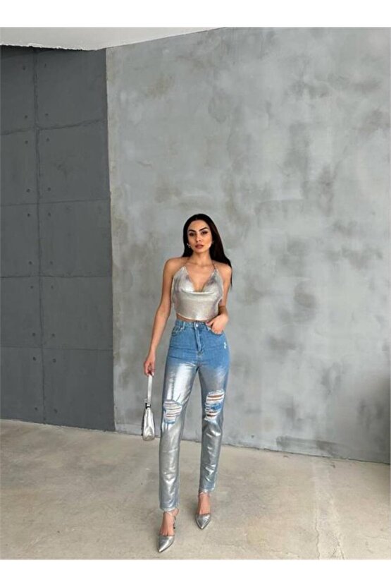Gökyüzü Moda DİZ YIRTIK VARAKLI MOM KOT PANTOLON - Gümüş