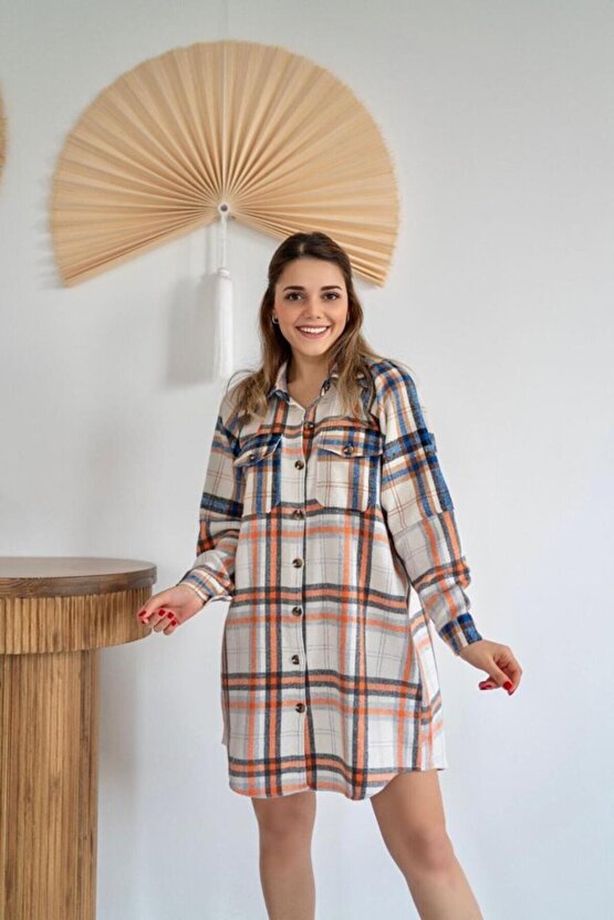 Gökyüzü Moda Oranj Oduncu Gömlek Elbise