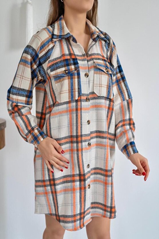 Gökyüzü Moda Oranj Oduncu Gömlek Elbise