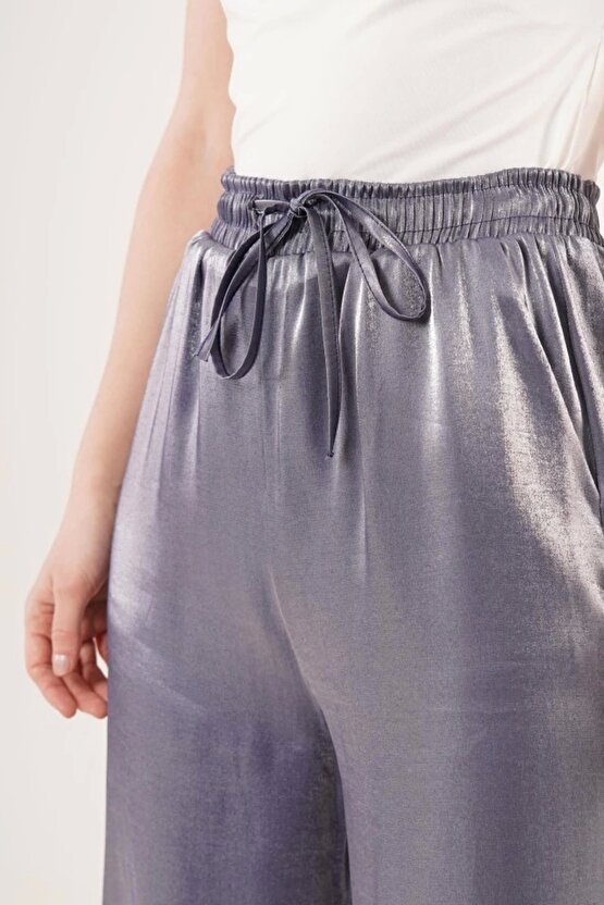 Parlak Görünümlü Cepli or Bol Paça Pantolon