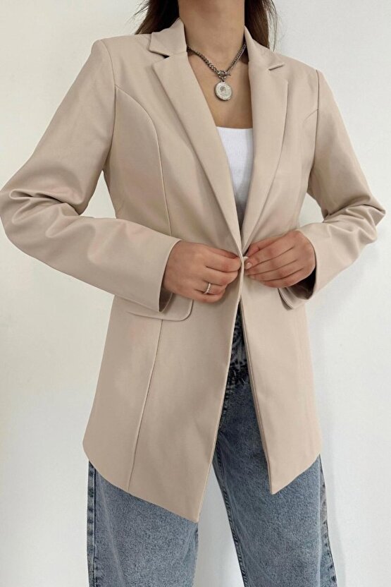 Gökyüzü Moda Bej Düğmeli Deri Ceket
