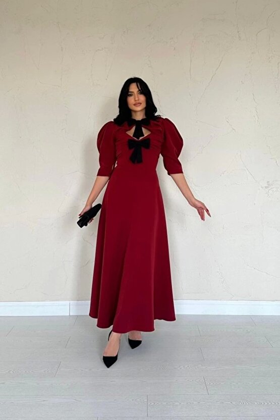 Bordo Ön Dekolteli Fiyonk Garnili Uzun Elbise