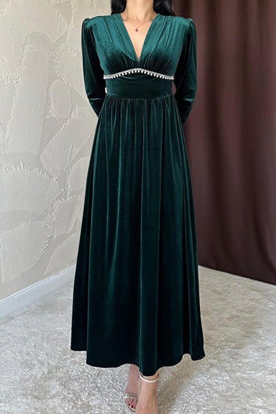 Gökyüzü Moda Zümrüt Göğüs Altı Taşlı Elbise