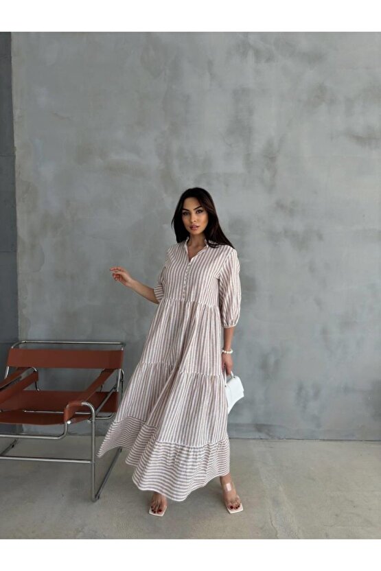 Gökyüzü Moda ÇİZGİLİ KETEN HAKİM YAKA DÜĞMELİ SALAŞ ELBİSE - Kahverengi