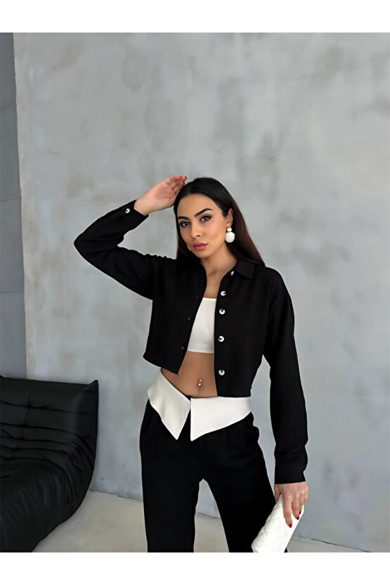 Gökyüzü Moda KETEN GÖMLEK-CROP-SALAŞ PANTOLON TAKIM - Siyah