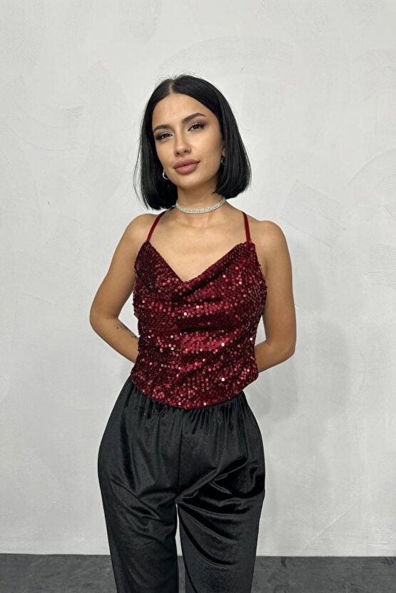 Gökyüzü Moda Bordo Askılı Degaje Bluz