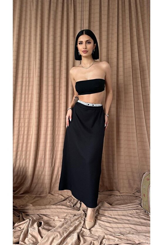 Gökyüzü Moda Siyah Beli Lastikli Etek
