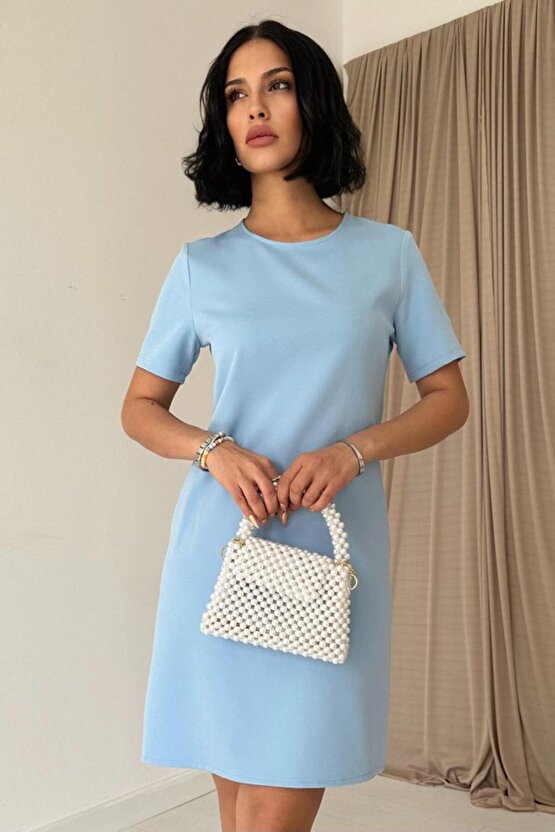 Gökyüzü Moda Mavi Kısa Kol Atlas Mini Elbise