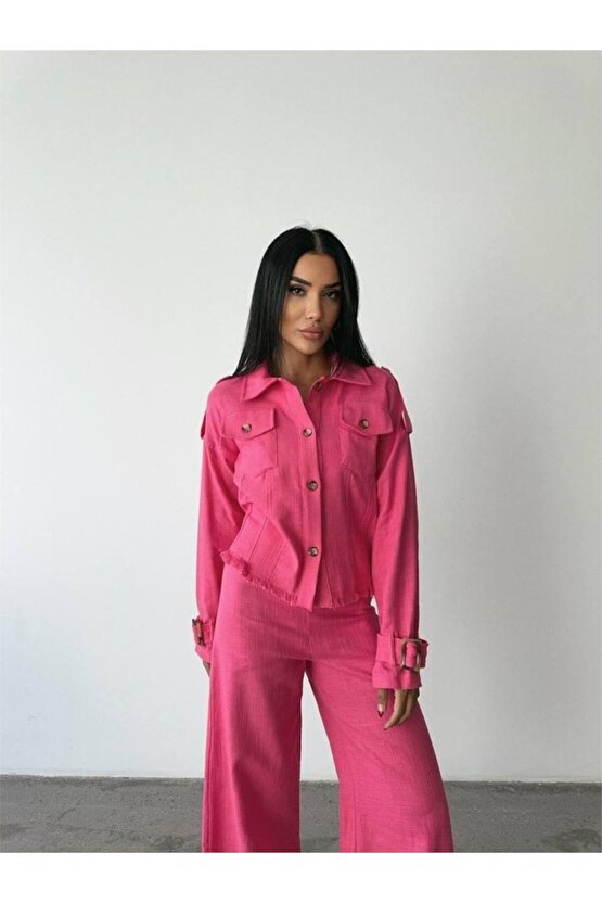 eyesof KETEN PÜSKÜL DETAYLI GÖMLEK-PANTOLON TAKIM - Fuşya