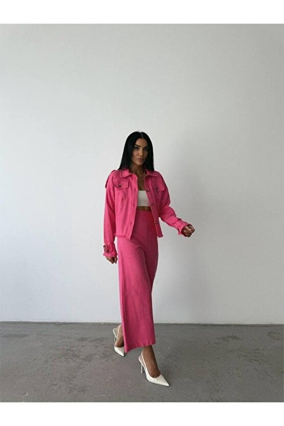 eyesof KETEN PÜSKÜL DETAYLI GÖMLEK-PANTOLON TAKIM - Fuşya