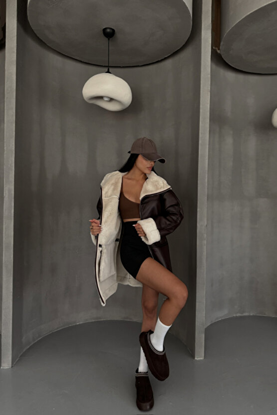 Gökyüzü Moda DERİ MONT KOL VE YAKA PELUŞ KAPAKSIZ CEP DETAYLI - Kahverengi