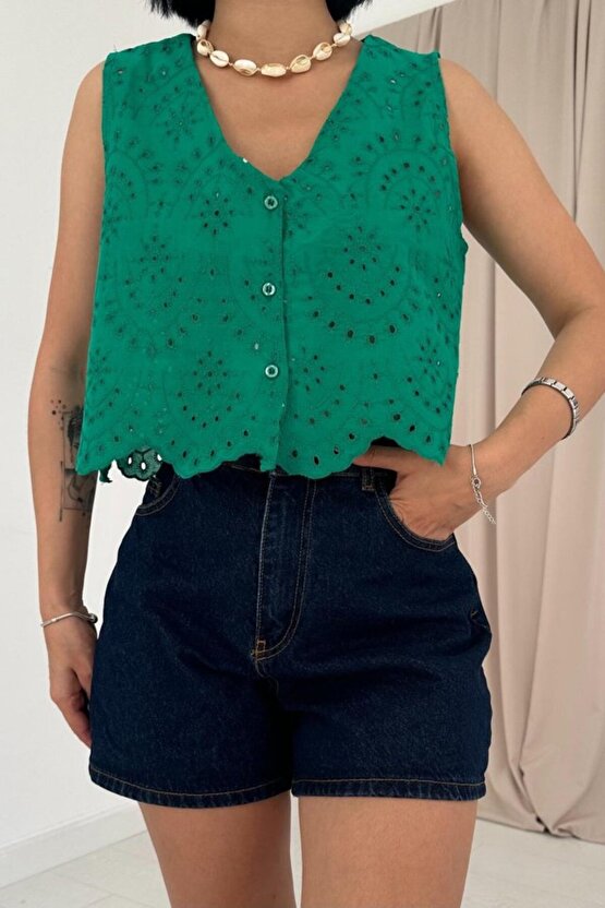 Gökyüzü Yeşil Sıfır Kol Brode Bluz