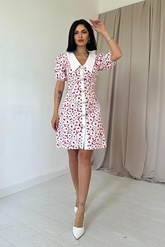 Gökyüzü Moda Fuşya Önlük Yakalı Poplin Elbise