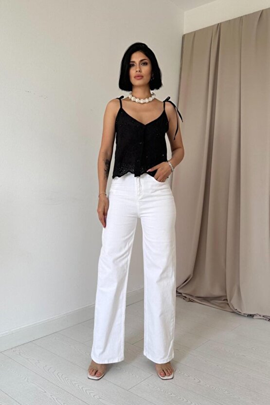 Gökyüzü Moda Siyah Bağcıklı Brode Bluz