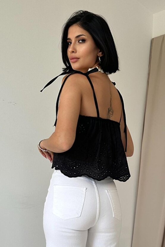 Gökyüzü Moda Siyah Bağcıklı Brode Bluz