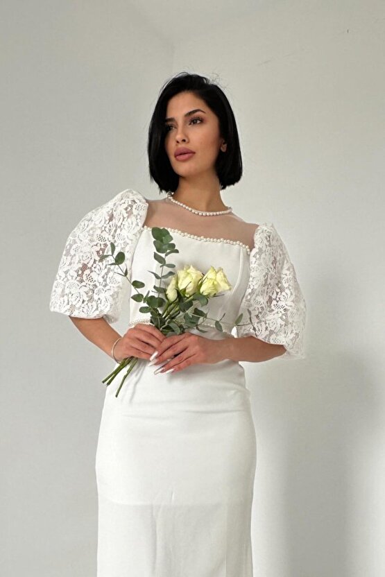Gökyüzü Moda Beyaz İncili Tül Detay Elbise