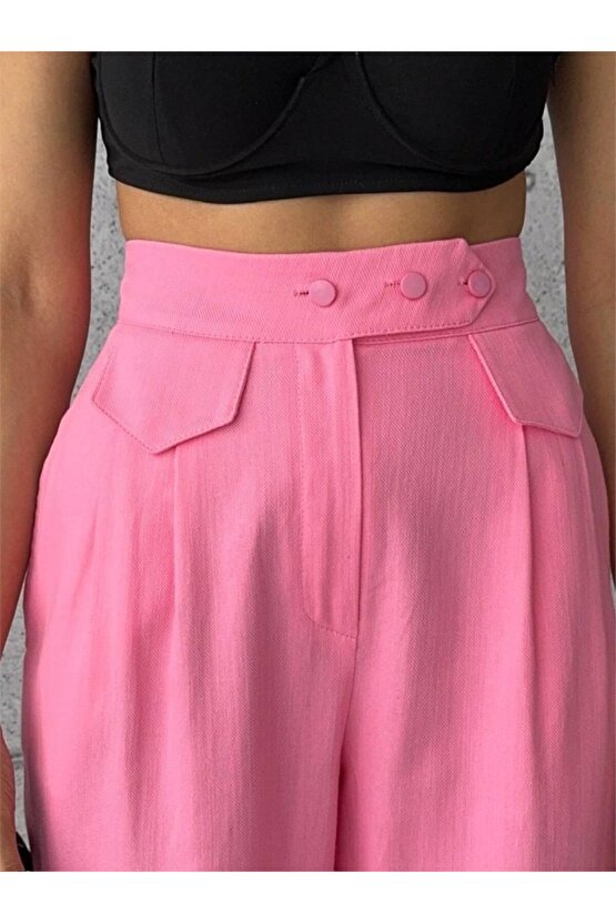 Turega Style PANTOLON KAPALI CEP 3 DÜĞME DETAYLI - Pembe