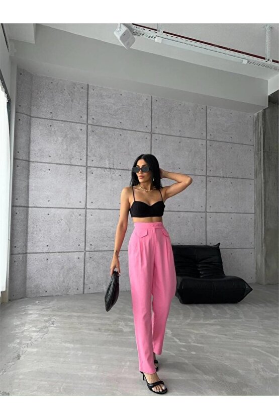 Turega Style PANTOLON KAPALI CEP 3 DÜĞME DETAYLI - Pembe
