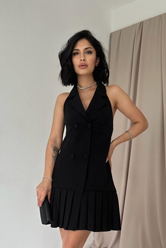 Gökyüzü Moda Siyah Sırtı Açık Ceket Yakalı Elbise