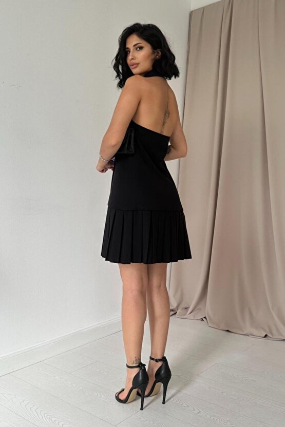 Gökyüzü Moda Siyah Sırtı Açık Ceket Yakalı Elbise