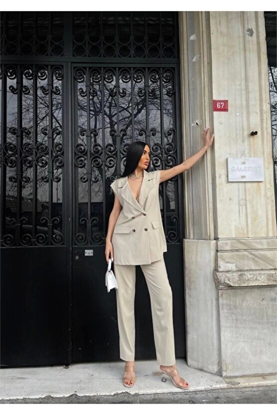 ÇİZGİİ UZUN YEEK PANTOON TAKI POVİCON Bej