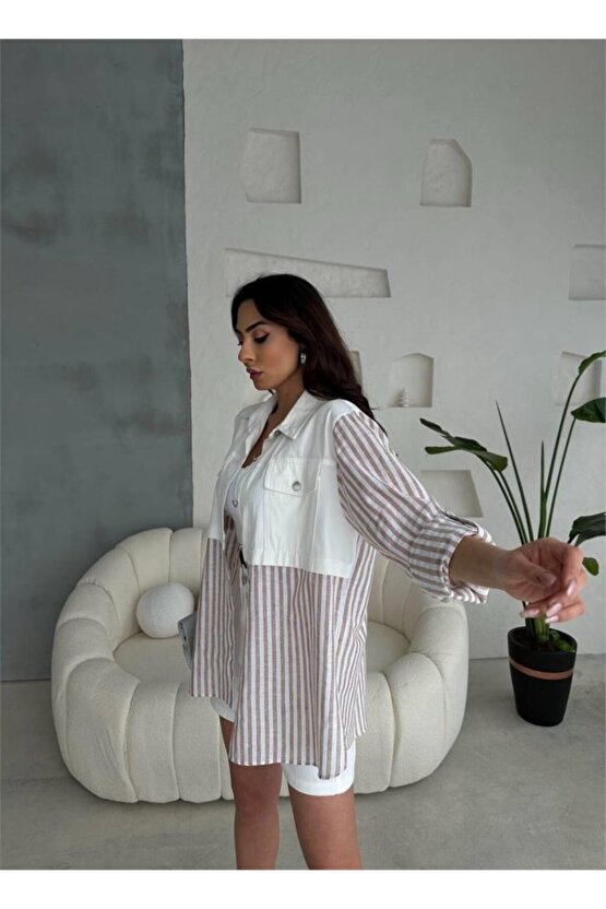 GABARDİN ŞORT GABARDİN ÇİZGİİ KETEN GARNİİ CEKET TAKI Kahverengi