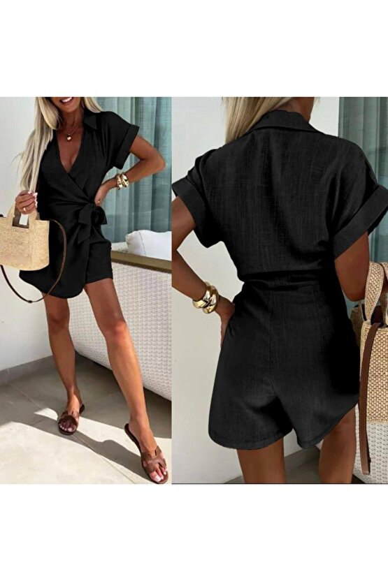 Kadın Keten Kumaş Gizli Fermuar Ve Belde Kuşak Detaylı Tulum