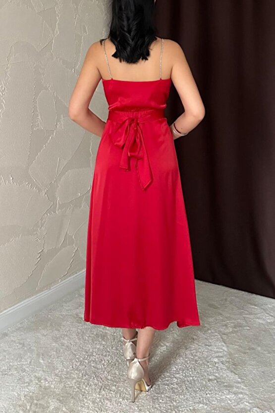Gökyüzü Moda Kırmızı Taş Askılı Prenses Elbise