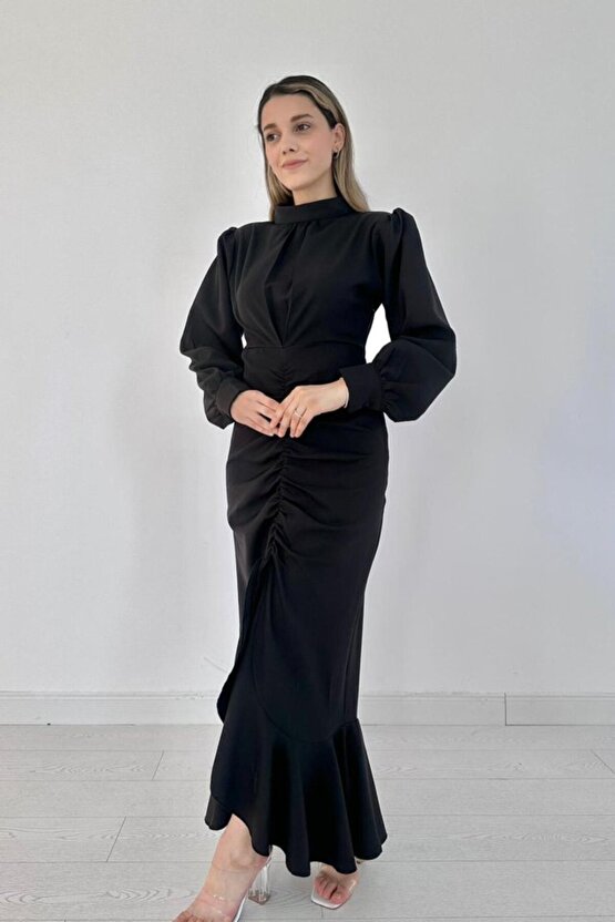 Gökyüzü Moda Siyah Volanlı Uzun Kol Elbise