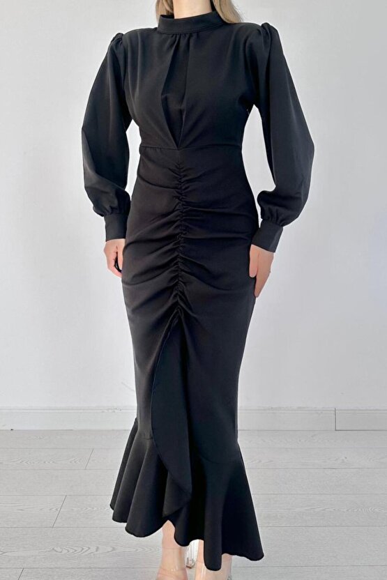 Gökyüzü Moda Siyah Volanlı Uzun Kol Elbise